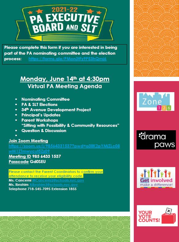2021-22 PA Executive Board and SLT VIrtual PA Meeting Agenda flyer in English and Spanish